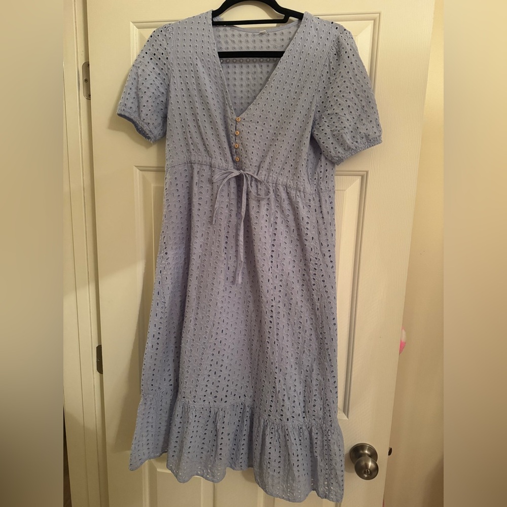 Light Blue Eyelet Dress with Tie Waist